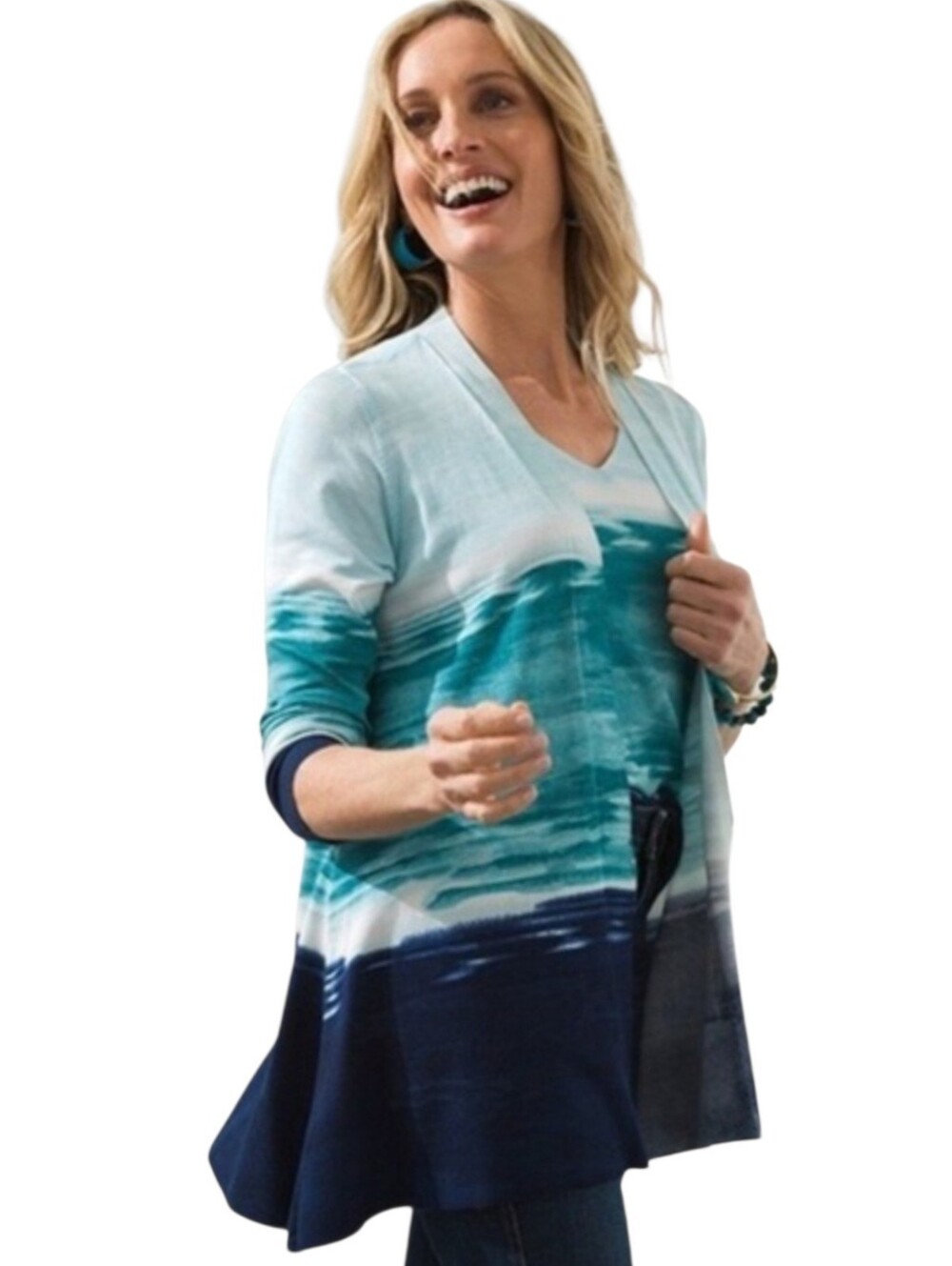 Chicos Coastal Blue & Green Open Cardigan Sweater Size Small